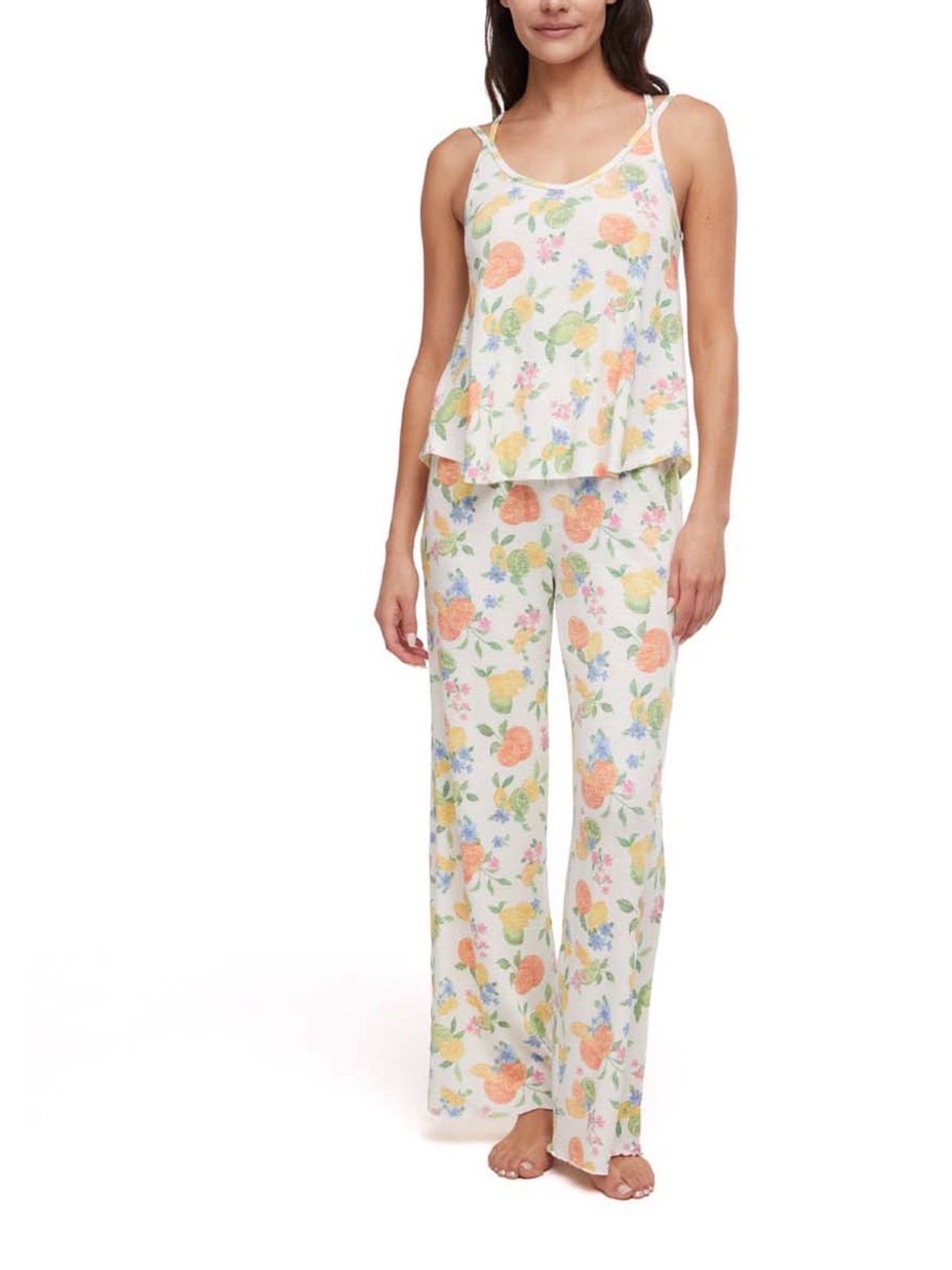 Wildfox Cream Floral Scoop Neck Pajama Set With Pastel Fruit Print